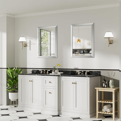 24x32 Inch Brushed Silver Bathroom Mirror for Wall, Thick Metal Framed Rectangle Mirrors for Over Sink, Bedroom, Living Room, Entryway, Anti-Rust, HD Tempered Glass