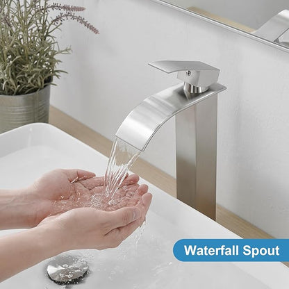 RUMOSE Tall Brushed Nickel Bathroom Faucet with Pop Up Drain Modern Single Handle One Hole Bathroom Vessel Sink Faucet Waterfall Spout Rv Lavatory Vanity Faucet Deck Mount Mixer Tap, Stainless Steel