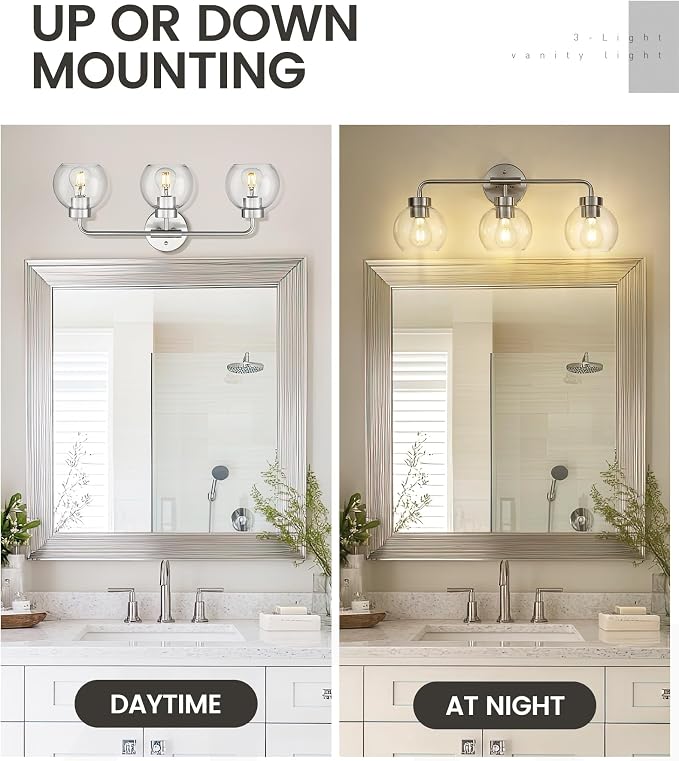 zeyu Brushed Nickel 23-Inch 3-Light Bathroom Mirror Light, ZS62BG-3W BN | Brushed Nickel Globe Vanity Light, 23-Inch 3-Light Design, Clear Globe Glass, Three E26 Bulbs Up To 60W Each, ETL Listed