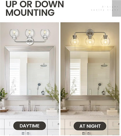 zeyu Brushed Nickel 23-Inch 3-Light Bathroom Mirror Light, ZS62BG-3W BN | Brushed Nickel Globe Vanity Light, 23-Inch 3-Light Design, Clear Globe Glass, Three E26 Bulbs Up To 60W Each, ETL Listed