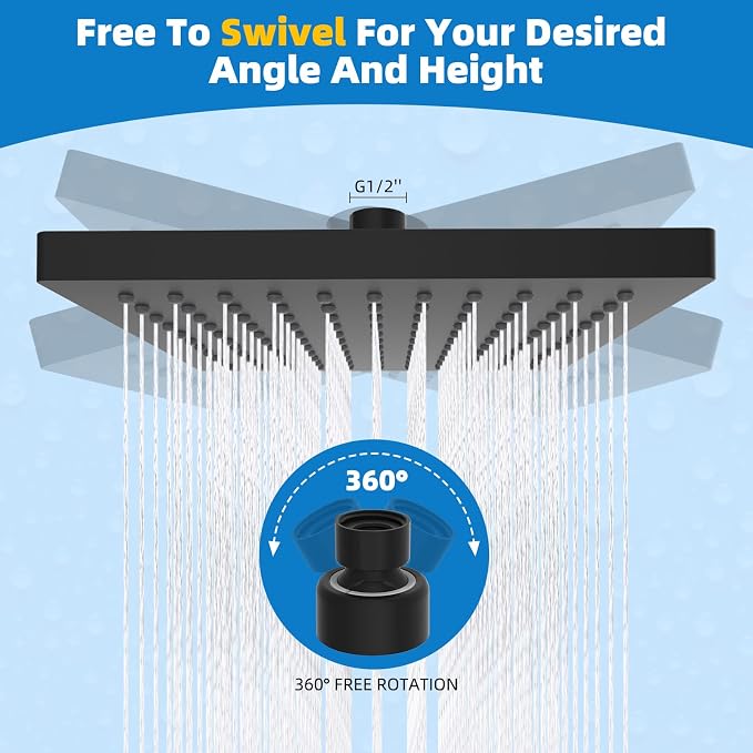 Hibbent cUPC Certified Thickness Metal 8'' Rain Shower Head, Matte Black | High Pressure Shower Head, Bathroom Waterfall Shower Heads, High Flow Fixed Showerheads with Adjustable Brass Ball Joint