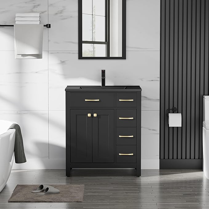 LUCKWIND 30" Modern Bathroom Vanity with Sink, Painted Storage Cabinet with Undermounted Black Sink, Two Doors and Three Drawers, Include Faucet Without Mirror, Black