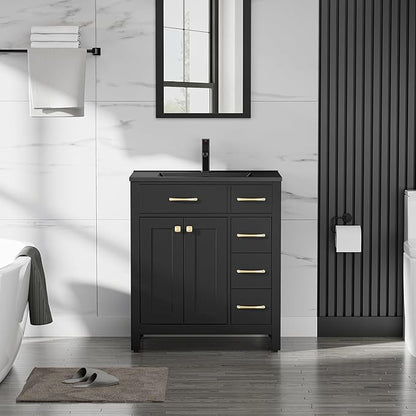 LUCKWIND 30" Modern Bathroom Vanity with Sink, Painted Storage Cabinet with Undermounted Black Sink, Two Doors and Three Drawers, Include Faucet Without Mirror, Black