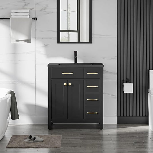 LUCKWIND 30" Modern Bathroom Vanity with Sink, Painted Storage Cabinet with Undermounted Black Sink, Two Doors and Three Drawers, Include Faucet Without Mirror, Black
