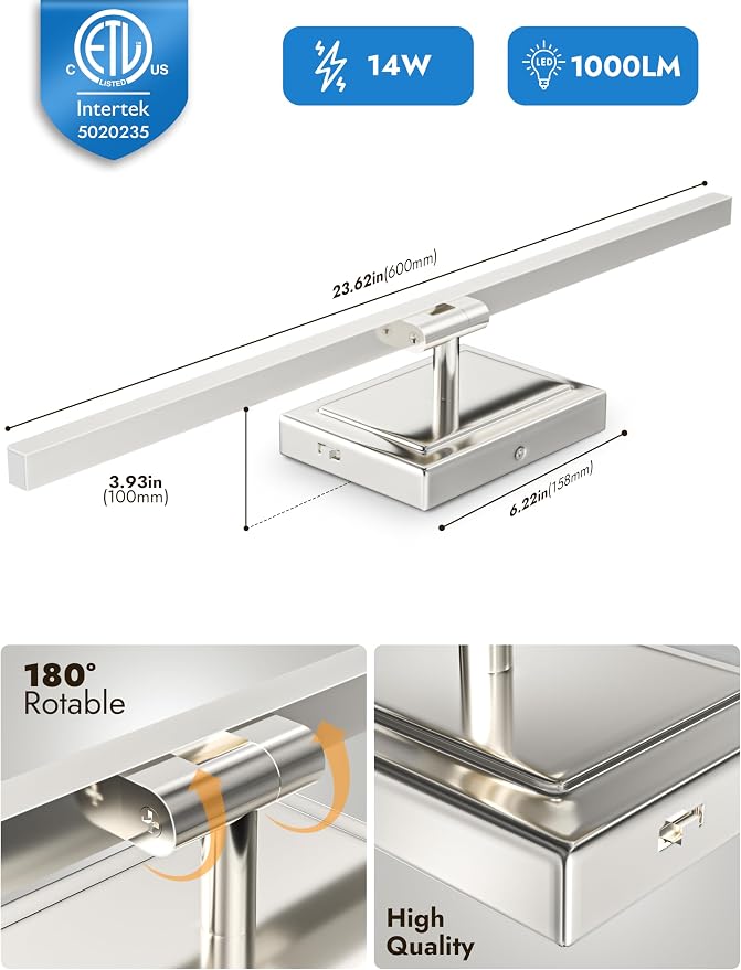 24 Inch Modern Bathroom Light Fixture, 14W 5CCT Dimmable LED Chrome Bathroom Vanity Lights Over Mirror, Vanity Lights for Bathrooms Restroom Mirror- ETL Certified