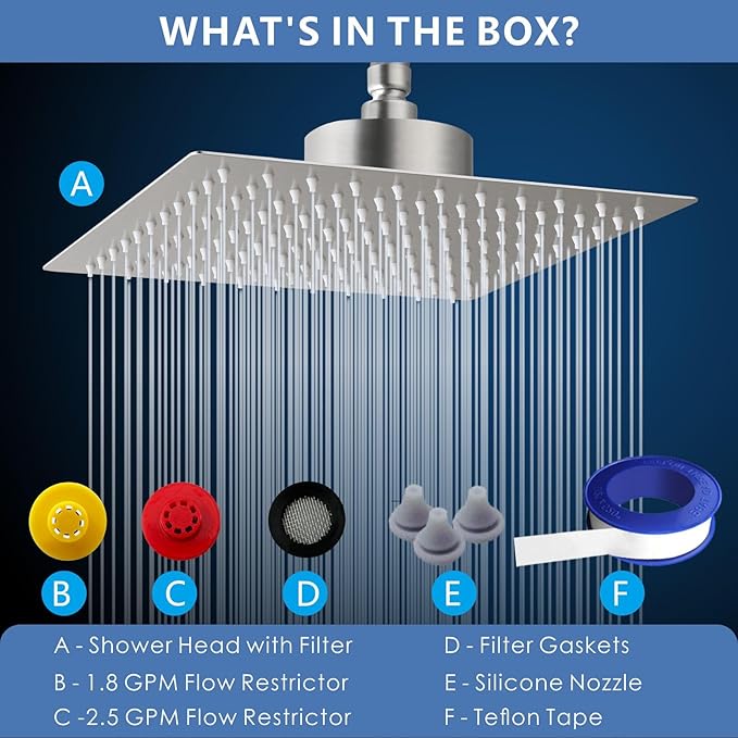 Voolan Rain Shower Head with Filtered - High Flow Bathroom Rainfall Filter Showerhead For Hard Water, Upgraded 304 Stainless Steel Construction (12"Square, Brushed Nickel)