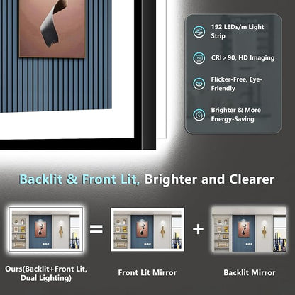 55x30 Black LED Bathroom Mirror, Backlit & Front Lit Lighted Mirror | Metal Framed Anti-Fog Vanity Mirror with Lights, 3 Color Dimmable, Memory, HD Tempered Glass, CRI95, UL Listed, Wall Mounted