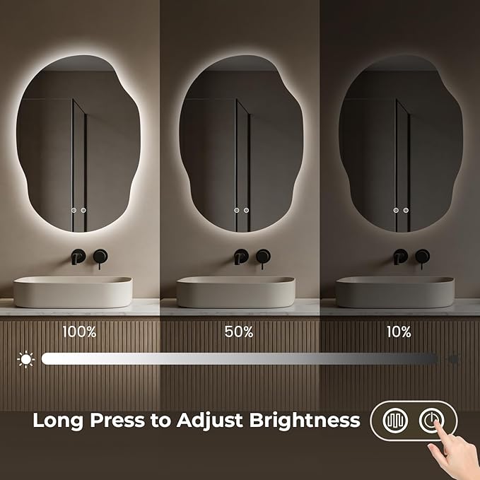 Asymmetrical Bathroom Mirror with Lights, Irregular LED Backlit Vanity Mirror, 31" H x 22" W, Anti-Fog, Dimmable Lighting with 3 Color Temp, Memory, Hardwired, Vertical or Horizontal Mount