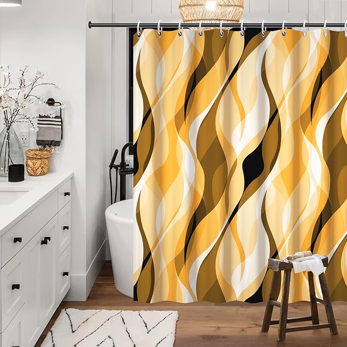 Yellow Shower Curtain, Abstract Ombre Yellow and Grey Striped Shower Curtain Set for Bathroom Waterproof Shower Curtain with Hooks, 72x78 Inch
