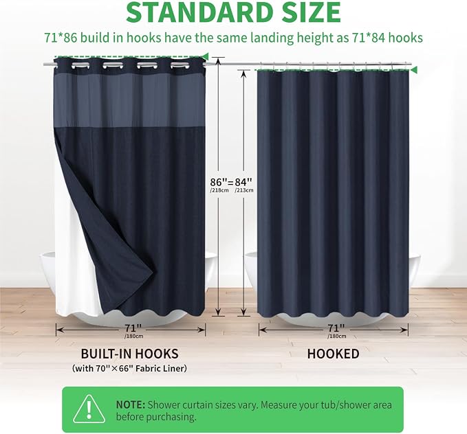 eachope No Hook Fabric Shower Curtain with Snap-in Liner,71x86 Navy Blue | Extra Long,Linen Texture,230GSM Thick Fabric,Mesh Window,Bottom Magnetic,Waterproof & Machine Washable,for Bathroom,Hotel Use