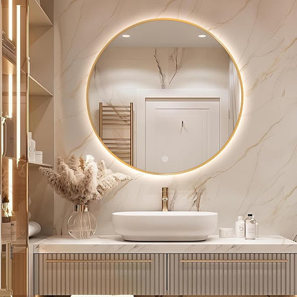Niccy Round LED Bathroom Mirrors, Gold Framed Backlit Vanity Mirror, 24" | LED Smart Circle Mirror with 3 Color Lighting, Anti-Fog Lighted, IP65 Waterproof, Wall Mounted Bathroom Vanity