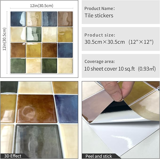 DEWOO Peel and Stick Backsplash Self Adhesive Wall Tiles Colourful 10-Sheet | Checkered,Square,Sticky,for Kitchen,Bathroom,Laundry,Sink,12"×12"