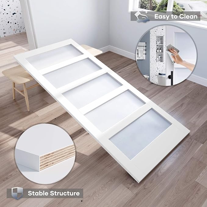 42x84 Inch Glass Sliding Barn Door Slab and 7ft Hardware Kit Included, 5 Frosted Glass, LVL Wood Panel Covered with White Water-Proof Scratch-Proof PVC Surface, Simple DIY Assembly