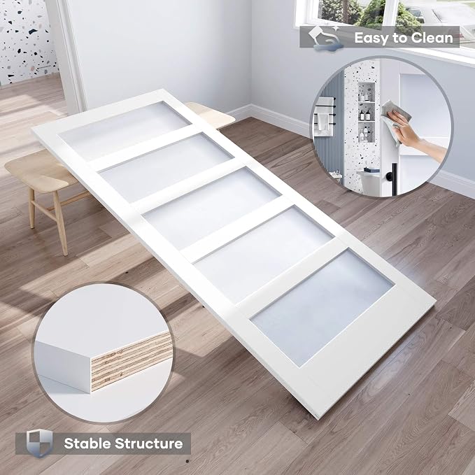 48x80 Inch Glass Sliding Barn Door Slab and 8ft Hardware Kit Included, 5 Frosted Glass, LVL Wood Panel Covered with White Water-Proof Scratch-Proof PVC Surface, Simple DIY Assembly
