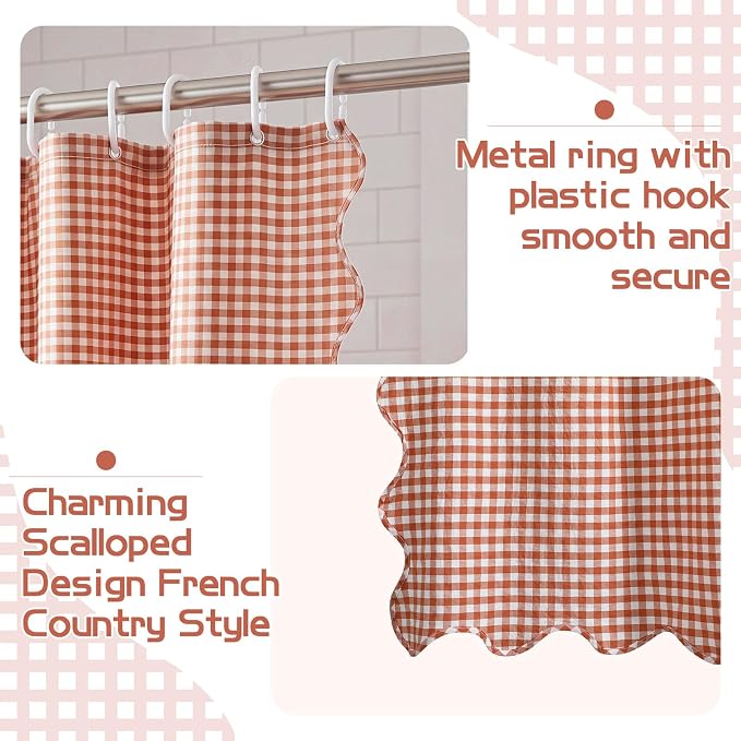 HunnmingRe Pink Ruffled Gingham Shower Curtain 72 x 72 Inch | Cotton Vintage Farmhouse Rural Plaid Shower Curtain with 12 Hooks, Bathroom Bathtubs Decor