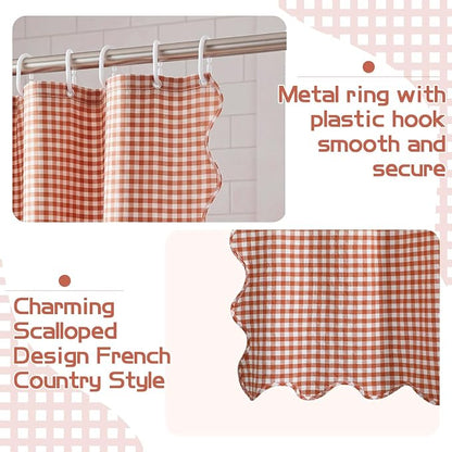 HunnmingRe Pink Ruffled Gingham Shower Curtain 72 x 72 Inch | Cotton Vintage Farmhouse Rural Plaid Shower Curtain with 12 Hooks, Bathroom Bathtubs Decor