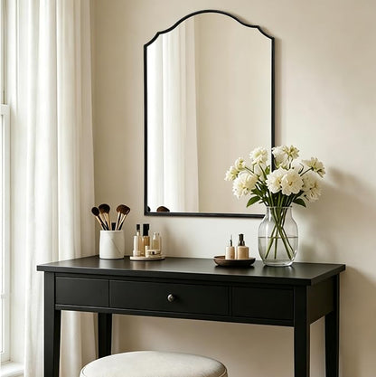 Besdomus Bathroom Mirrors for Over Sink: 24"x36" Black Wooden Arched Mirror | Classical Minimalist Scalloped Decorative Wall for Vanity/Dresser/Mantel/Bedroom/Entryway/Hallway/Fireplace/Nightstand