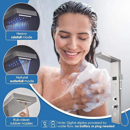 ROVOGO LED Rainfall Waterfall Shower Panel with 3 Body Jets, Handheld and Tub Spout, No Battery Needed Shower Tower with Temp Display, 304 Stainless Steel Brushed