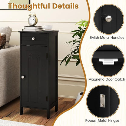 GIANTEX 34.5" Bathroom Cabinet with Drawer & Single Door (Black) | Narrow Side Storage Organizer with 6 Shelf Positions, Freestanding Floor Storage Cabinet for Bathroom, Living Room, Entryway