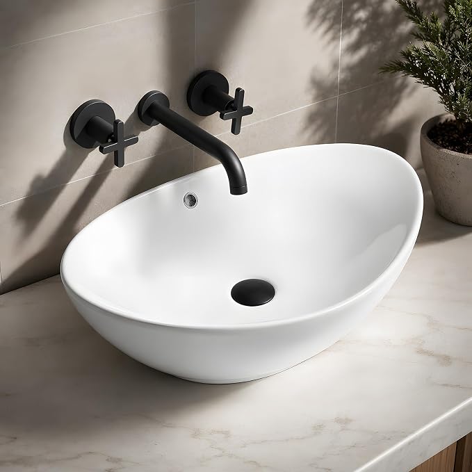 NUESTRA VIDA 23×15.2×7.7 inch Bathroom Vessel Sink, Modern Egg Shape Vanity Sink Above Counter Art Basin with Overflow, Oval Vessel Sink Bowl for Vanity Surface Mounted, Glossy White