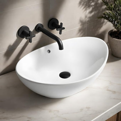 NUESTRA VIDA 23×15.2×7.7 inch Bathroom Vessel Sink, Modern Egg Shape Vanity Sink Above Counter Art Basin with Overflow, Oval Vessel Sink Bowl for Vanity Surface Mounted, Glossy White