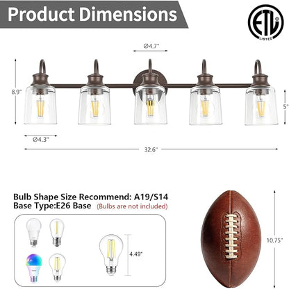 5 Lights Bathroom Light Fixture Oil Rubbed Bronze Vanity Lights | ETL Certificate, Easy to Install,Wall Mount Up or Down,Thickened Glass Lampshade,E26 Socket,Hardwired