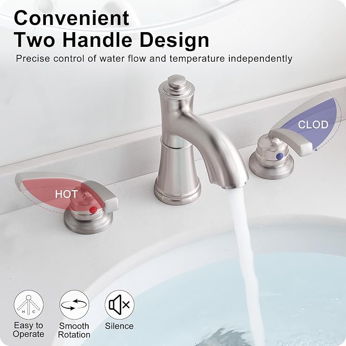 Solid Brass Brushed Nickel Bathroom Faucet 3 Hole, 2 Handle | 8 Inch Widespread, 10 Mins Install, NSF/ANSI/CAN 372, cUPC, DOE, Pre-Installed Water Hose, with Pop up Drain, for Vanity