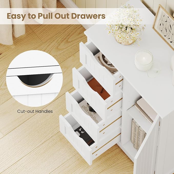 Giantex Storage Cabinet with 4 Drawers, Bathroom Storage Organizer with Cupboard, Adjustable Shelf, Anti-Toppling Device, Floor Cabinet, Entryway Storage Unit Console Table, White