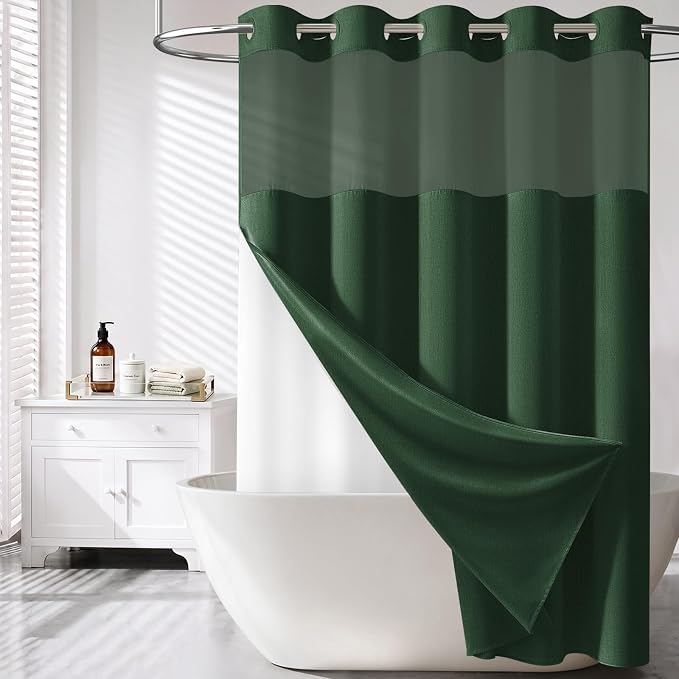 Emerald Green Ringless Linen Look Shower Curtain with Snap Liner 72x75 | 3 in 1 Modern Shower Curtain Set, Removable Liner, Waterproof & Washable, Mesh Top Window, Durable Fabric, Easy to Install