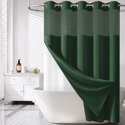 Emerald Green Ringless Linen Look Shower Curtain with Snap Liner 72x75 | 3 in 1 Modern Shower Curtain Set, Removable Liner, Waterproof & Washable, Mesh Top Window, Durable Fabric, Easy to Install