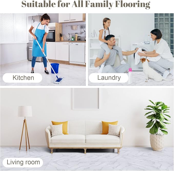 Spiareal 48 Pieces Peel and Stick Floor Tiles Vinyl Flooring 12 x 12 Inch Stick on Floor Tile Self Adhesive Waterproof DIY for Bathroom Kitchen Bedroom Living Room(White Marble)
