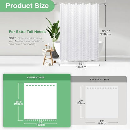 Dynamene Extra Long Shower Curtains, 84 Inches Long Boho Tufted Chevron Striped Fabric Shower Curtains for Bathroom, Tall Minimalist Chic Waterproof Cloth Shower Curtain Set with Hook, White, 72x84