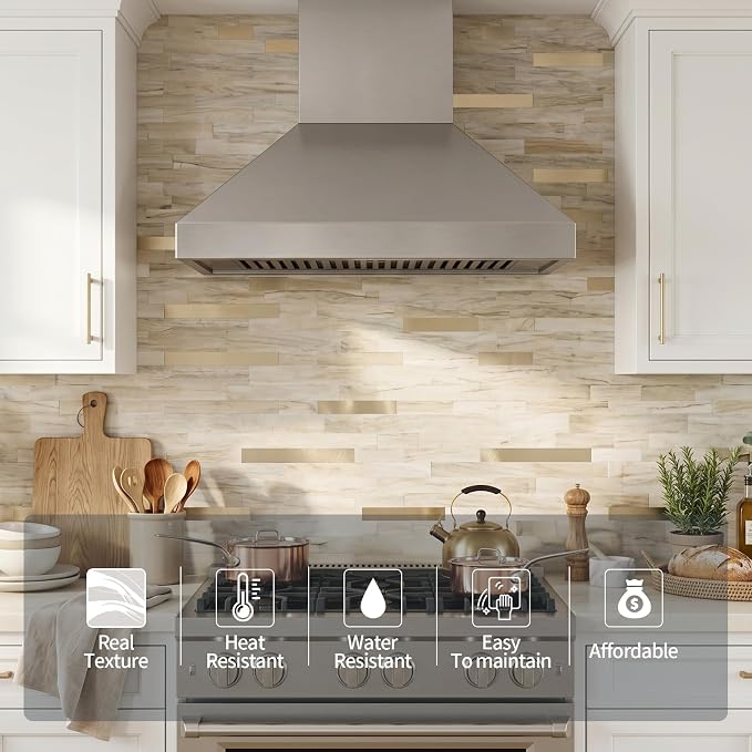 Yipscazo 10 Sheets Peel and Stick Stone Metal Tile Backsplash, Stick on Tiles for Backsplash Kitchen, Bathroom, Laundry Room, Camper, Fireplace (12'' X 12'', Beige Stone with Gold)