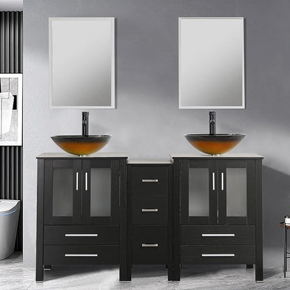 UEV 60" Double Sink Bathroom Vanity,Black Bathroom Vanity with Double Side Vanity Cabinets & Removable 3 Drawer Storage Cabinet,Bathroom Vanity with Tempered Vessel Sink,Mirror Not Included(T48)