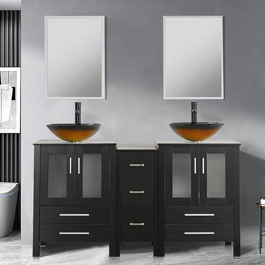 UEV 60" Double Sink Bathroom Vanity,Black Bathroom Vanity with Double Side Vanity Cabinets & Removable 3 Drawer Storage Cabinet,Bathroom Vanity with Tempered Vessel Sink,Mirror Not Included(T48)
