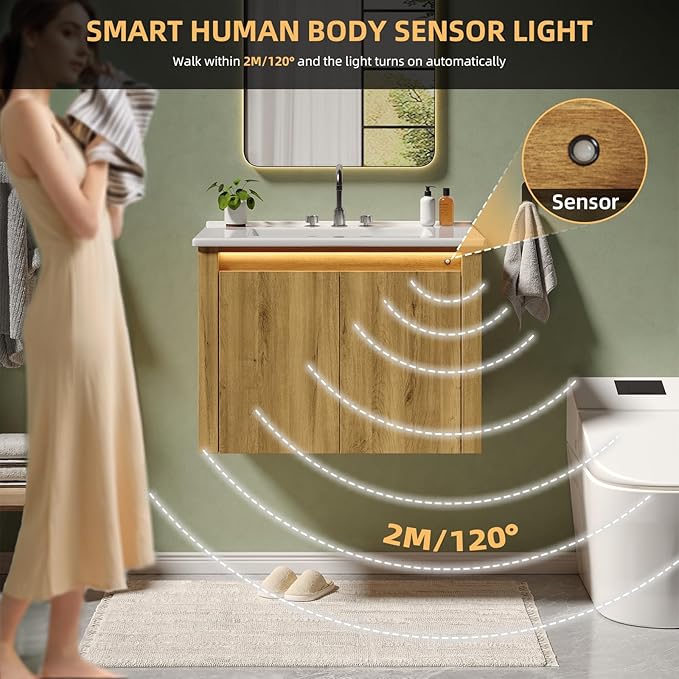 ONBRILL Farmhouse Bathroom Vanity, Floating Bathroom Vanities with Auto Motion Sensor LED Light, 3 Hole Integrated Ceramic Basin & Soft Closing Doors for Small Space, Hotel (24",Oak)