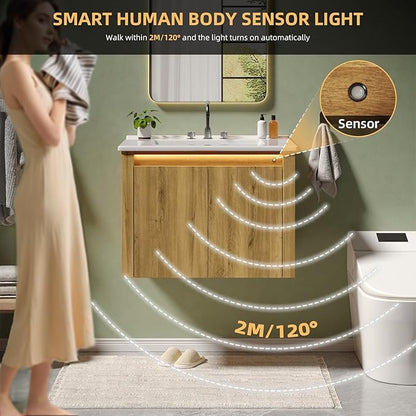 ONBRILL Farmhouse Bathroom Vanity, Floating Bathroom Vanities with Auto Motion Sensor LED Light, 3 Hole Integrated Ceramic Basin & Soft Closing Doors for Small Space, Hotel (24",Oak)