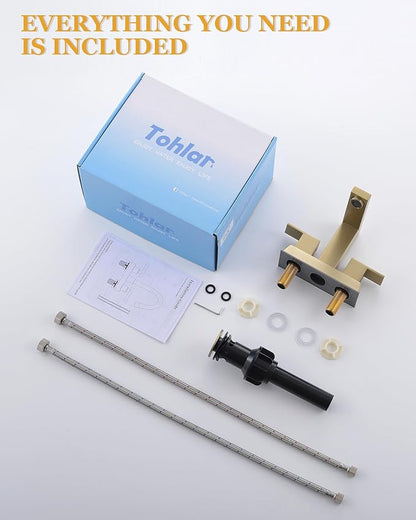 Tohlar Brushed Gold 2 Handle 4 Inch Centerset Bathroom Faucet with Pop Up Drain and 2 Lead-Free Hoses