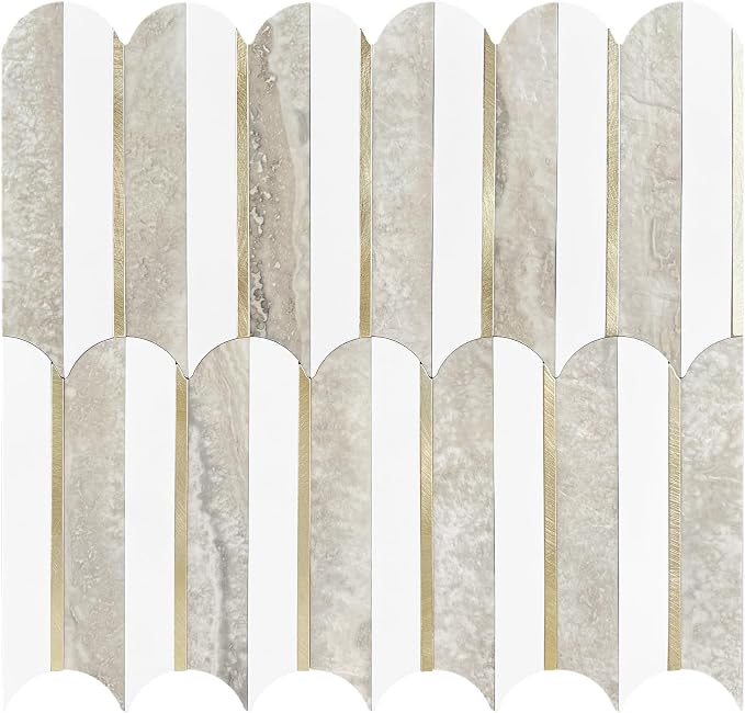 Vamos Tile Peel and Stick Backsplash Seamless Tile,1-Sheet Stick on Backsplash for Kitchen and Bathroom,White and Beige Slate PVC Mixed Metal Gold Self Adhesive Mosaic Tiles