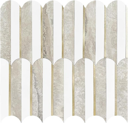 Vamos Tile Peel and Stick Backsplash Seamless Tile,1-Sheet Stick on Backsplash for Kitchen and Bathroom,White and Beige Slate PVC Mixed Metal Gold Self Adhesive Mosaic Tiles