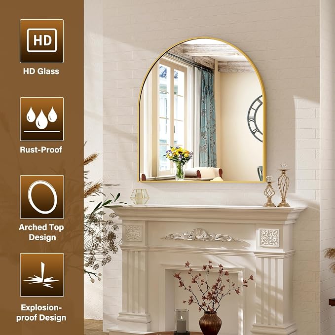 XRAMFY Arched Bathroom Mirror 32" x 34" for Bathroom Vanity Mirror or Wall Decor Gold Arch Mirror Aluminum Alloy Frame Wall Mounted Mirror for Living Room Bedroom Entryway
