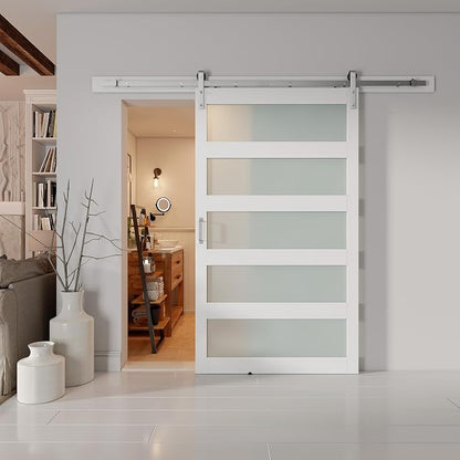 48'' x 84'' Glass Barn Door and 8FT Brushed Nickel Hardware Kit | MDF White Barn Door Slab with Frosted Glass, PVC Surface, Combined with Handle and Floor Guide-Assembly Required