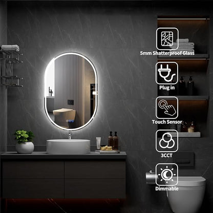Oval LED Bathroom Mirror, 26"x 42" Frameless Lighted Mirror | LED Mirror with Front Light & Backlit, Anti-Fog, Dimmable Wall Mounted Lighted Mirror, Pill-Shaped Smart Bathroom Mirror