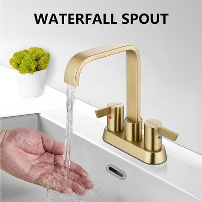 Brushed Gold Waterfall Bathroom Faucet 4 Inch Centerset,2-Handle | Stainless Steel 3-Hole Deck-Mount Design Includes Supply Lines and Pop-Up Drain for a Complete Vanity Installation