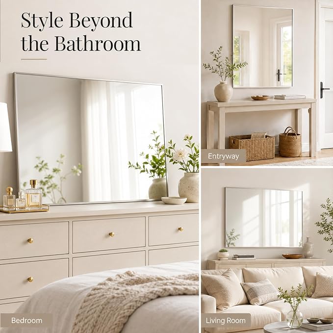 40"x30" Brushed Nickel Framed Rectangle Bathroom Vanity Wall Mirror | Over-Sink Vanity Mirror, Slim Metal Frame, Entryway or Dresser Use, Vertical/Horizontal Mount, Tempered Glass