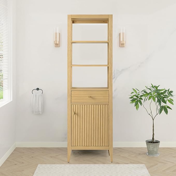 HOMEBEYOND Bathroom Vanity with Storage Cabinet & Shelves, Free-Standing Vanity with Soft-Closing Doors, Golden Brushed Handware, Natural Oak