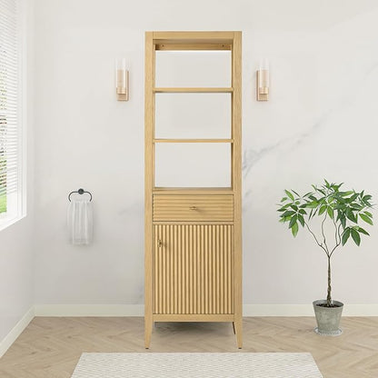 HOMEBEYOND Bathroom Vanity with Storage Cabinet & Shelves, Free-Standing Vanity with Soft-Closing Doors, Golden Brushed Handware, Natural Oak
