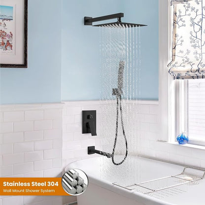 gotonovo Bathtub Shower Faucet Set, 10 Inch Shower Head, Matte Black | Wall Mounted Shower System with Tub Spout for Bathroom, Square High Pressure Rain Shower head with Handheld Spray, All Metal