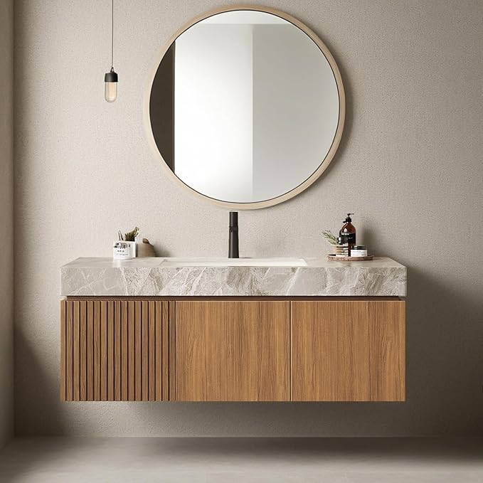 Ambrovina 48" Floating Bathroom Vanity with Sink, Modern Plywood Bathroom Storage Cabinet with Drawer and 2 Doors, Light Gray Sintered Stone Countertop and White Ceramic Basin, Pre-assembled, Dark Oak