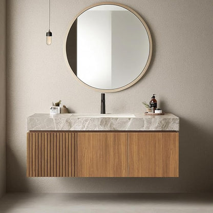 Ambrovina 48" Floating Bathroom Vanity with Sink, Modern Plywood Bathroom Storage Cabinet with Drawer and 2 Doors, Light Gray Sintered Stone Countertop and White Ceramic Basin, Pre-assembled, Dark Oak